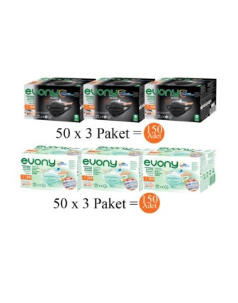 Evony Siyah Elastik Kulaklı Maske 150 Adet + Yeşil Elastik Kulaklı Maske 150 Adet