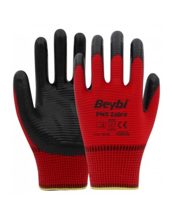 Beybi PN5 Zebra Polyester Örme Nitril Eldiven Kırmızı