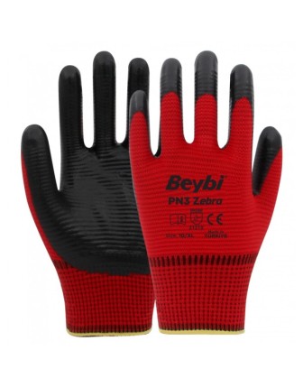 Beybi PN3 Zebra Polyester Örme Nitril Eldiven Kırmızı (288 ÇİFT KOLİ)