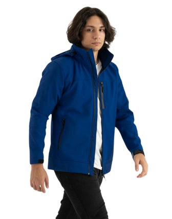 Erkek Mavi Slim Fit Dar Kesim Içi Polar Çıkarılabilir Kapüşonlu Outdoor Softshell Mont