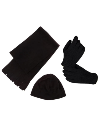 İpli Polar Atkı + Polar Bere + Yün Örgü Eldiven (Siyah Set)