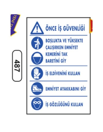 Önce İş Güvenliği Boşluk ve Yüksekte Çalışırken Emniyet Kemeri Tak Baret Giy.... Uyarı Levhası