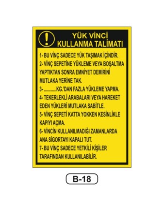 Yük Vinci Kullanma Talimatı Levhası