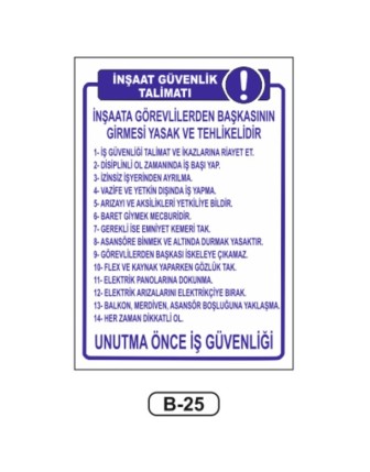 İnşaat Güvenlik Talimatı Levhası