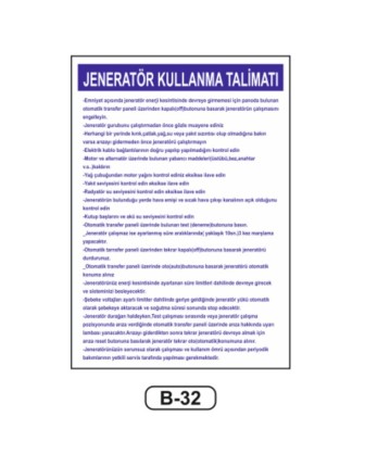 Jeneratör Kullanma Talimatı Levhası