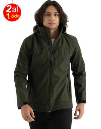 Erkek Haki Slim Fit Dar Kesim Içi Polar Çıkarılabilir Kapüşonlu Outdoor Softshell Mont 