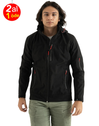  Erkek Siyah Slim Fit Dar Kesim Içi Polar Çıkarılabilir Kapüşonlu Outdoor Softshell Mont