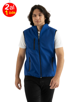 Erkek Mavi Slim Fit Dar Kesim Içi Polar Bato Yaka Outdoor Softshell Yelek 