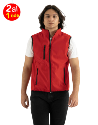 Erkek Kırmızı Slim Fit Dar Kesim Içi Polar Bato Yaka Outdoor Softshell Yelek