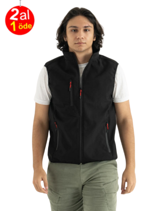 Erkek Siyah Slim Fit Dar Kesim Içi Polar Bato Yaka Outdoor Softshell Yelek