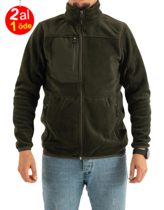 rkek Haki Dar Kalıp Anti-Pilling Tüylenme Yapmayan Tam Fermuar Softshell Garnili Polar Sweatshirt