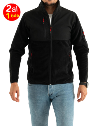 Erkek Siyah Dar Kalıp Anti-pilling Tüylenme Yapmayan Tam Fermuar Softshell Garnili Polar Sweatshirt