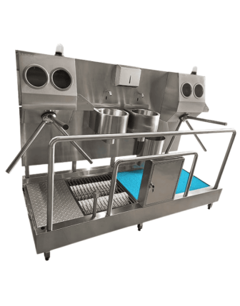 Hijyen Dezenfeksiyon Tüneli - Yatay Fırçalı, Fotoselli 2’li Evyeli, 3 Kollu Turnike, 304 Paslanmaz