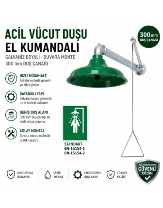 Acil Vücut Duşu Galvaniz Boyalı - El Kumandalı, Duvara Monte, 300 mm Duş Çanağı