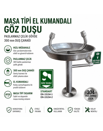 Masa Tipi El Kumandalı Göz Duşu - Paslanmaz Çelik, 300 mm Duş Çanağı