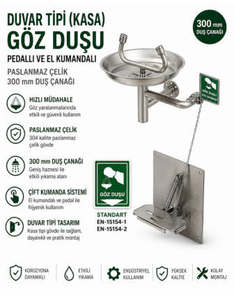Duvar Tipi (Kasa) Pedallı ve El Kumandalı Göz Duşu - Paslanmaz Çelik, 300 mm Duş Çanağı