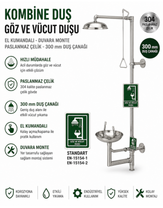 Kombine Duş Paslanmaz Çelik - El Kumandalı, Duvara Monte, 300 mm Duş Çanağı