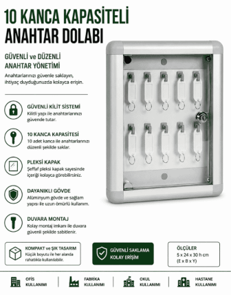 Anahtar Dolabı 10 Kanca Kapasiteli Pleksi Kapılı