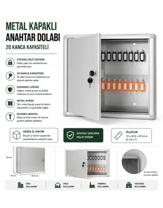 Anahtar Dolabı Metal Kapaklı 20 Kanca Kapasiteli