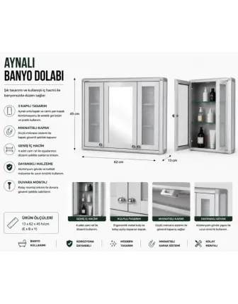 Aynalı Banyo Dolabı 3 Kapılı