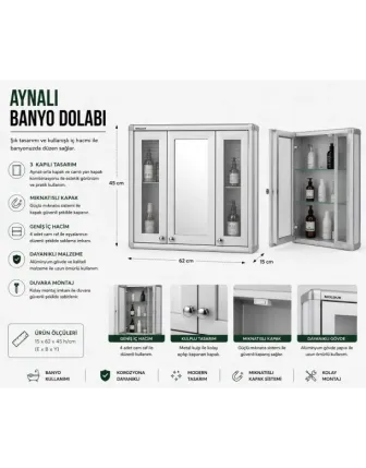 Aynalı Banyo Dolabı Üç Kapılı Lavabo Üstü