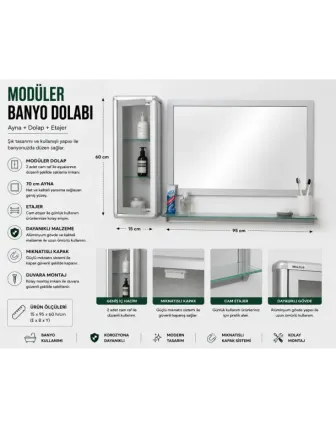 Modüler Banyo Dolabı + 70cm Ayna + Etajer