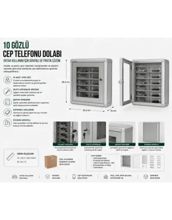 Ortak Kullanımlı 10 Gözlü Cep Telefonu Dolabı